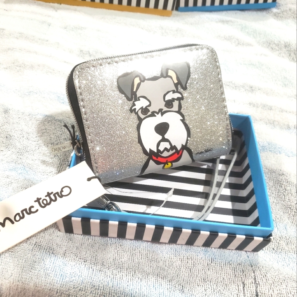 Marc Tetro Schnauzer silver glam glitter small zip around wallet wristlet